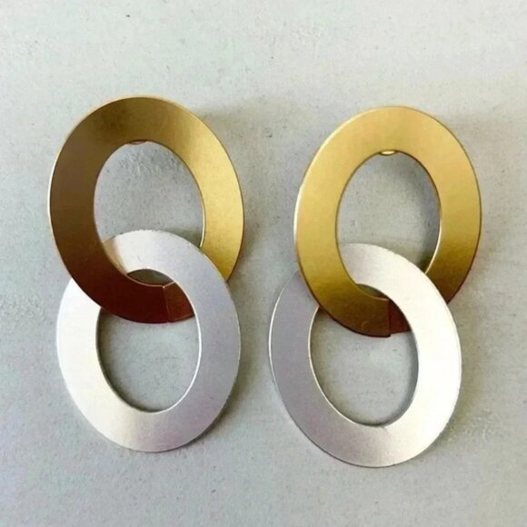 Banana Republic Mixed Metal Double Hoop Earrings Gold Silver Metallic NWT - Picture 6 of 15